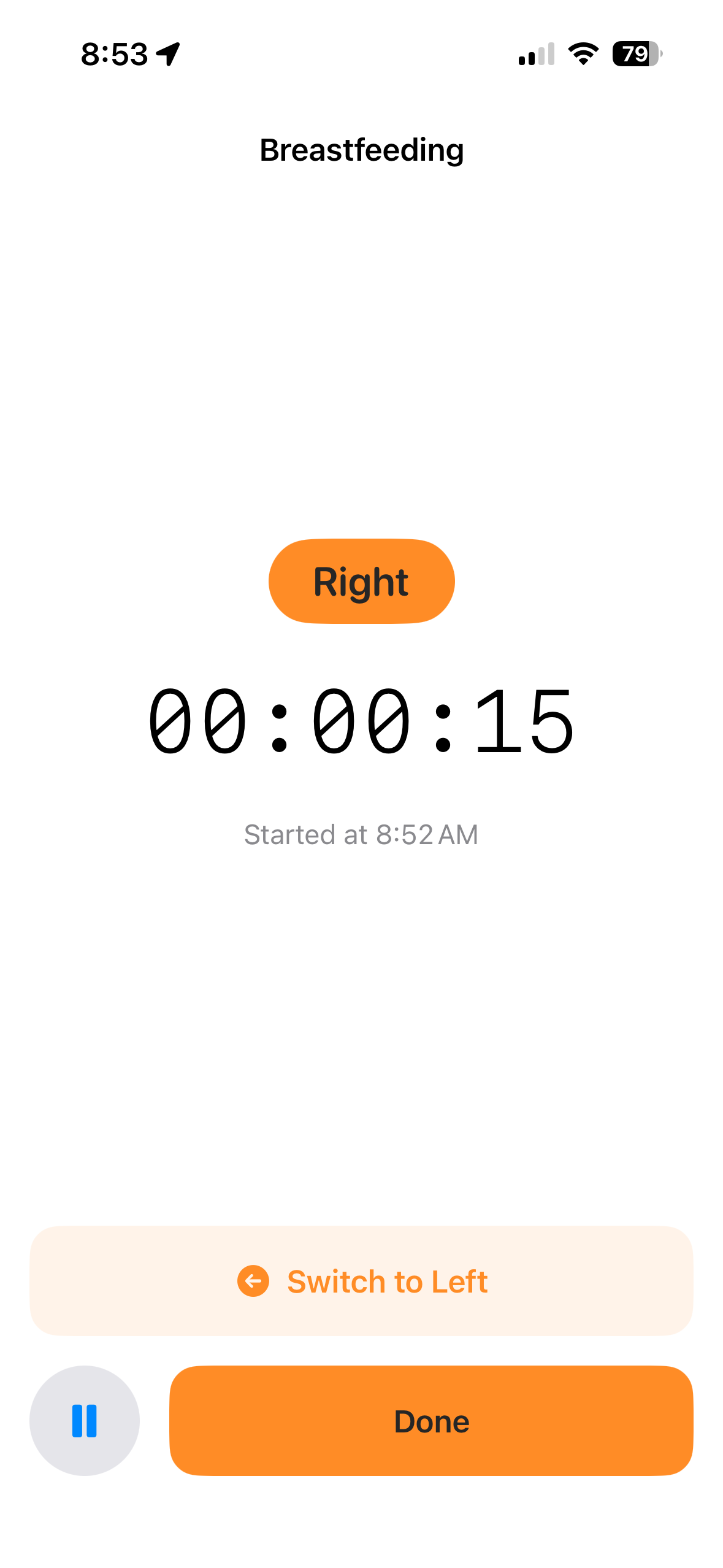 Breastfeeding timer — side indicator, switch button, done